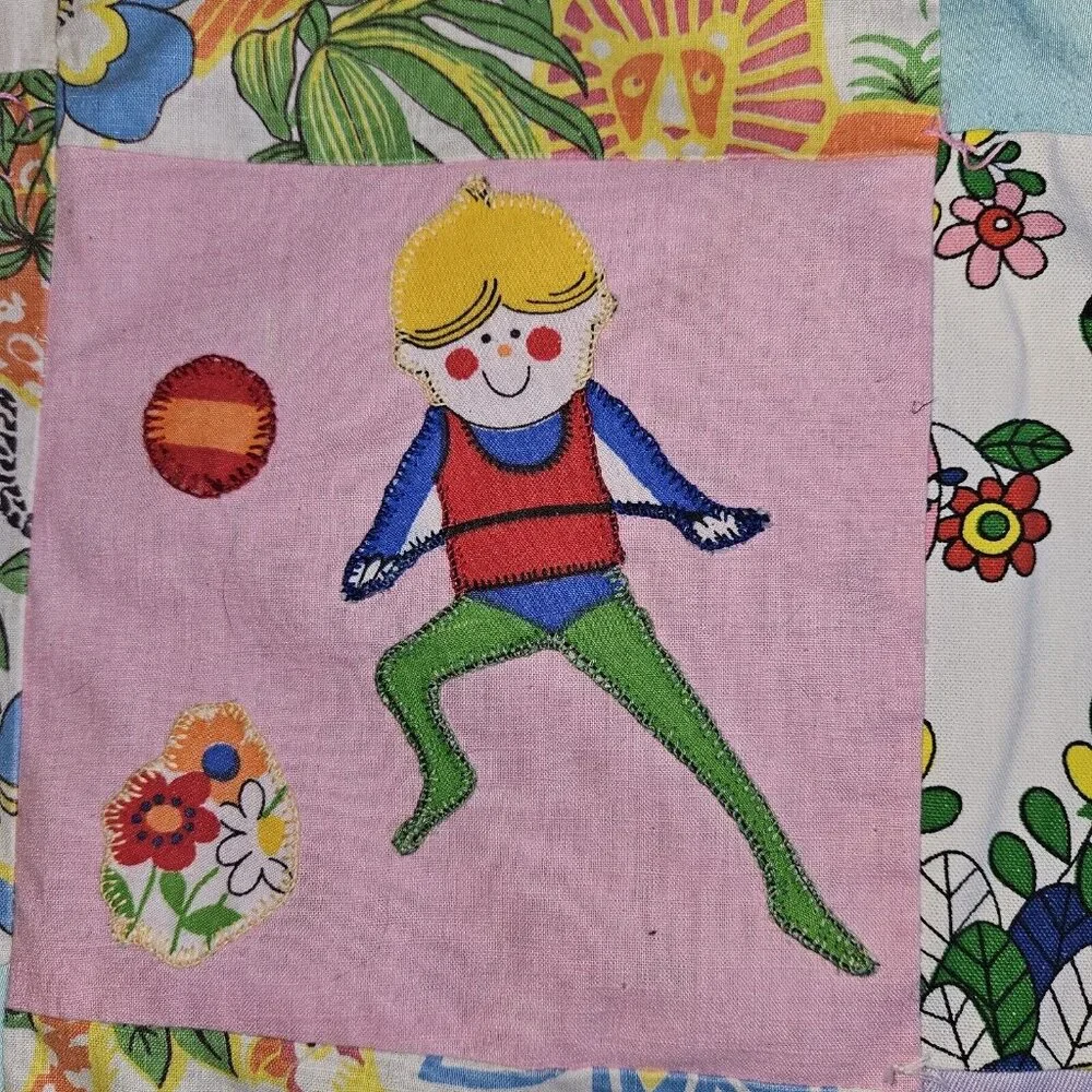 Vtg Handmade Blanket Boho Quilt Colorful Coverlet 62x83 70s 80s Fairy Tales